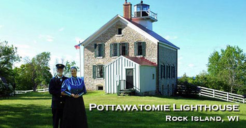 Color photo by Kay Klubertanz of author Kathleen Ernst and "Mr. Ernst" serving as docents at the 1858 Pottawatomie Lighthouse on Rock Island, Wisconsin.